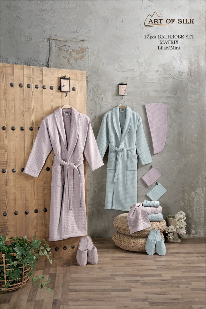 luxury bath robe cotton jacquard men and woman turkish 13 pcs matrix lilac mint